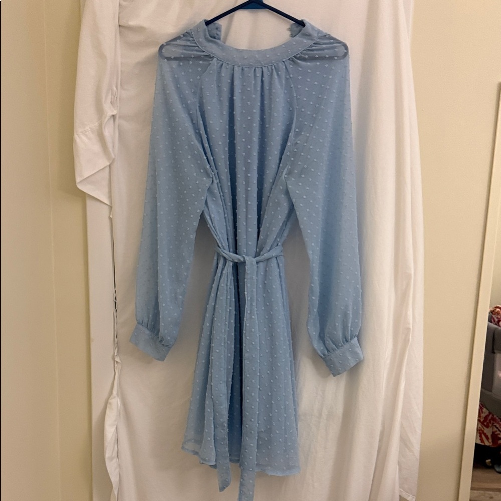 BBX -Elegant Blue Dress with Tie Waist /swiss dot/ midi/mini